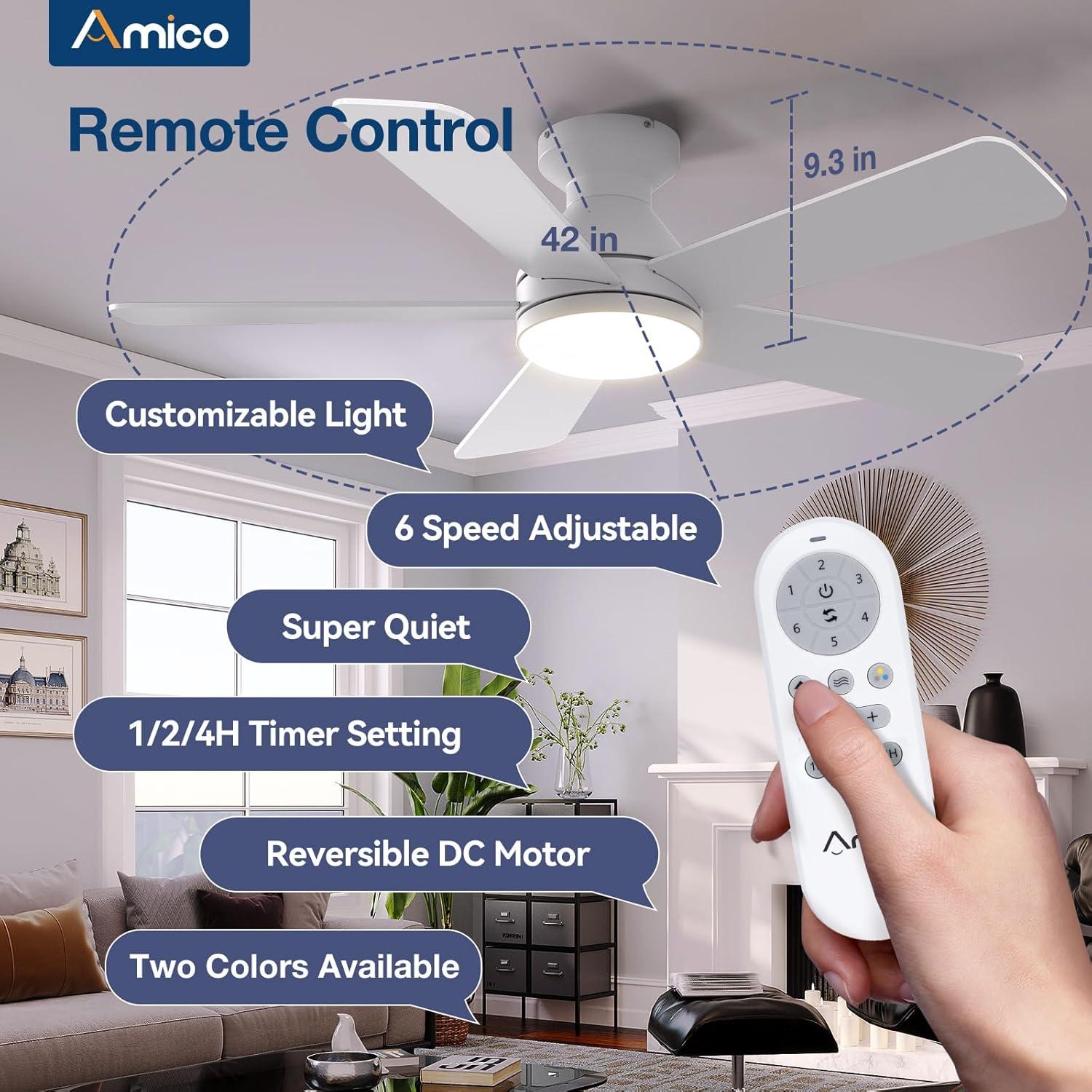 Ventilador de Techo Amico 42" Blanco con Luz y Control Remoto
