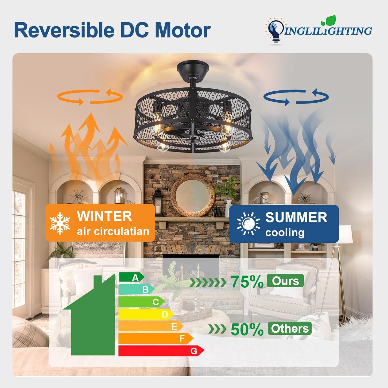 Ventilador de Techo DINGLILIGHTING 20" con Luz y Control Remoto
