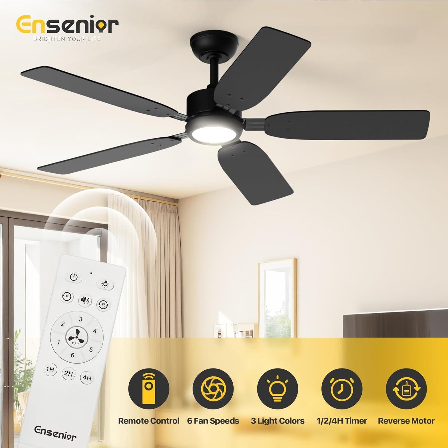 Ventilador de Techo Ensenior 52" Negro con Luz y Control Remoto