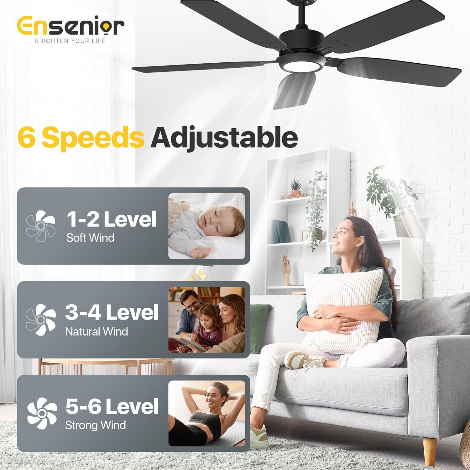 Ventilador de Techo Ensenior 52" Negro con Luz y Control Remoto