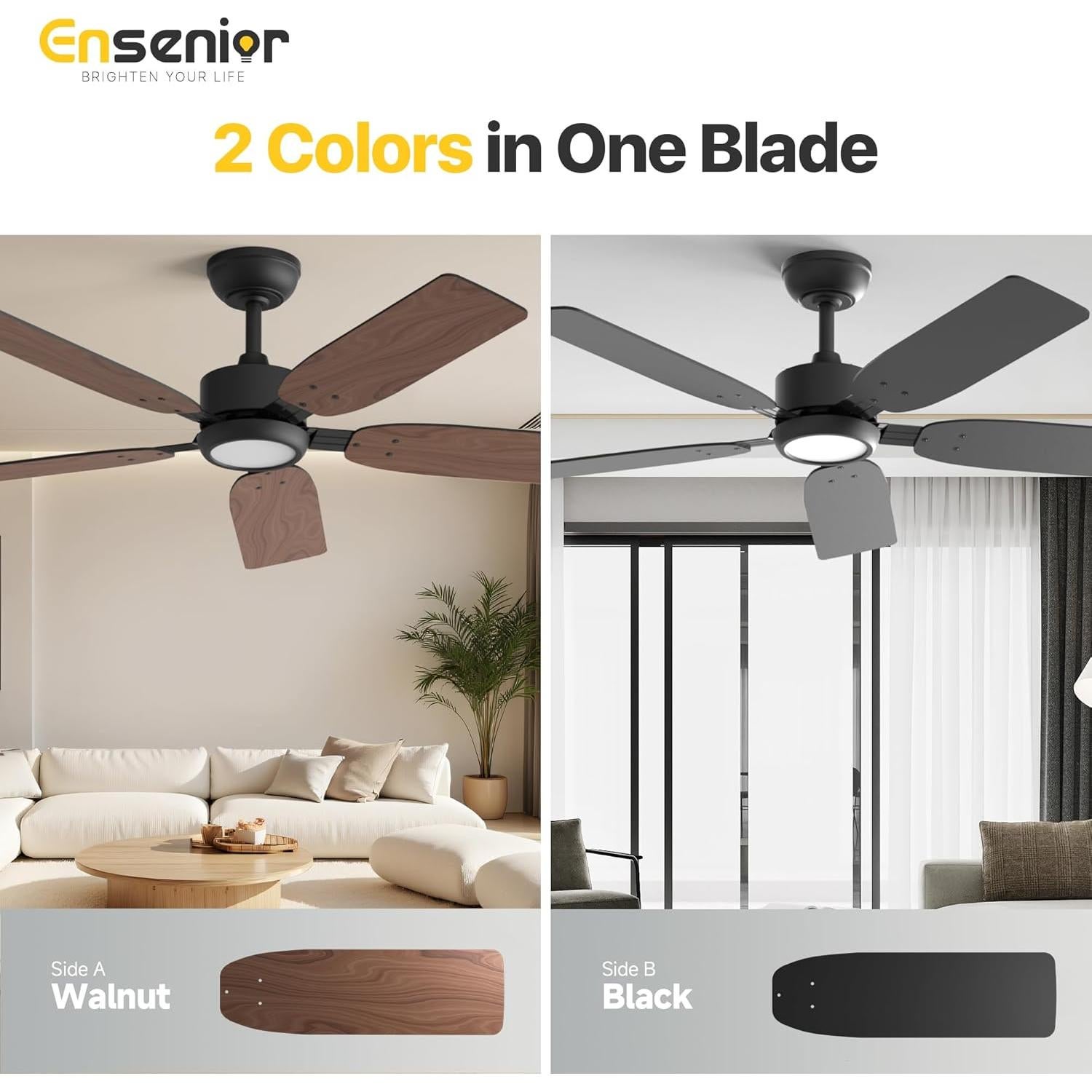 Ventilador de Techo Ensenior 52" Negro con Luz y Control Remoto