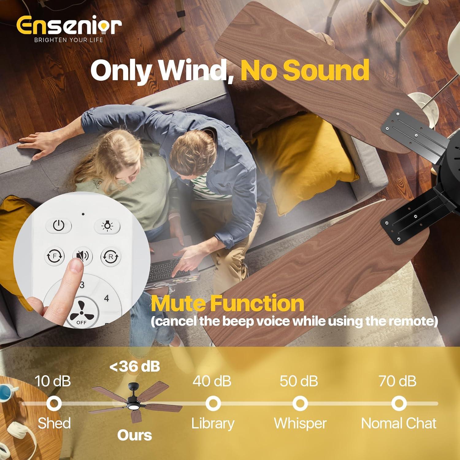 Ventilador de Techo Ensenior 52" Negro con Luz y Control Remoto