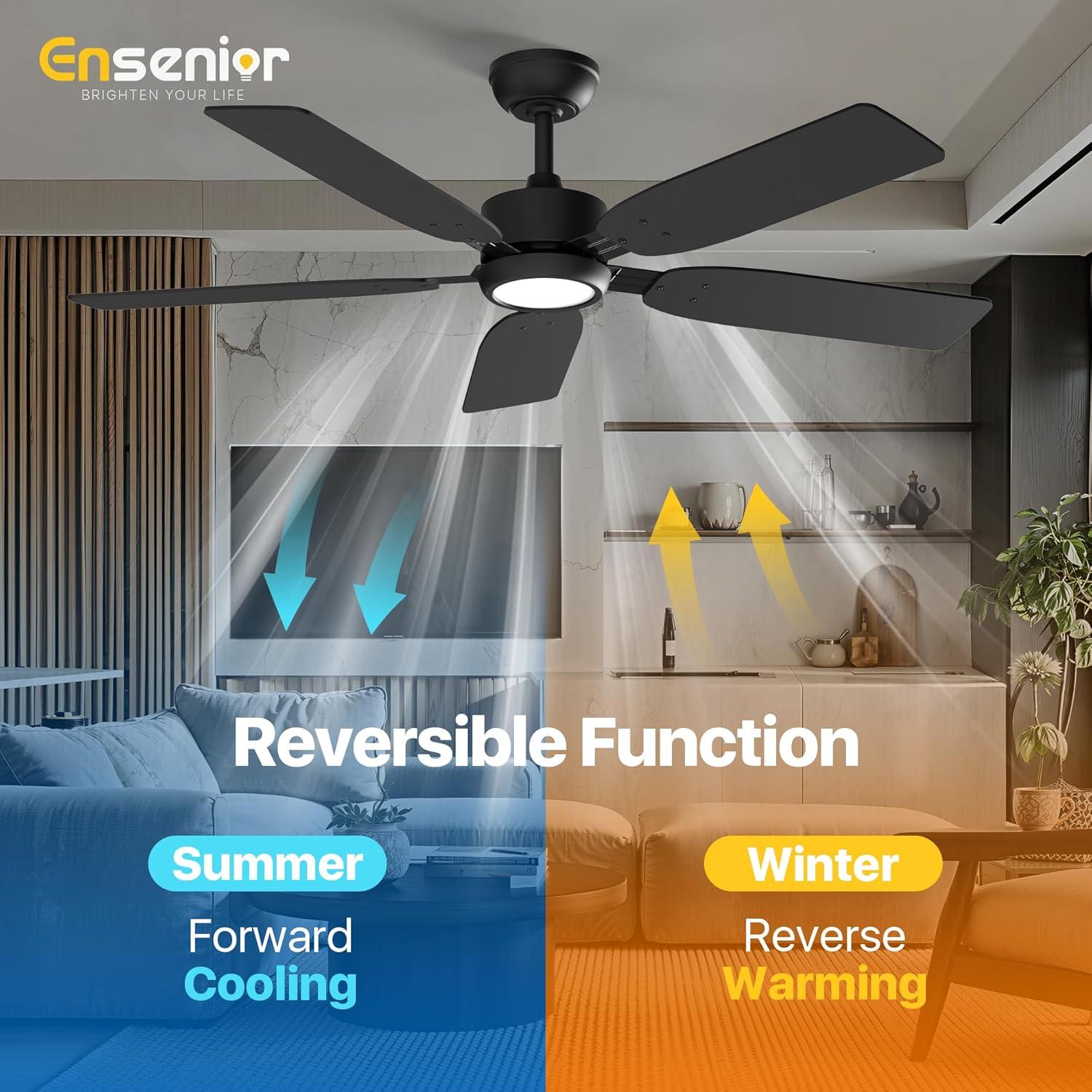 Ventilador de Techo Ensenior 52" Negro con Luz y Control Remoto