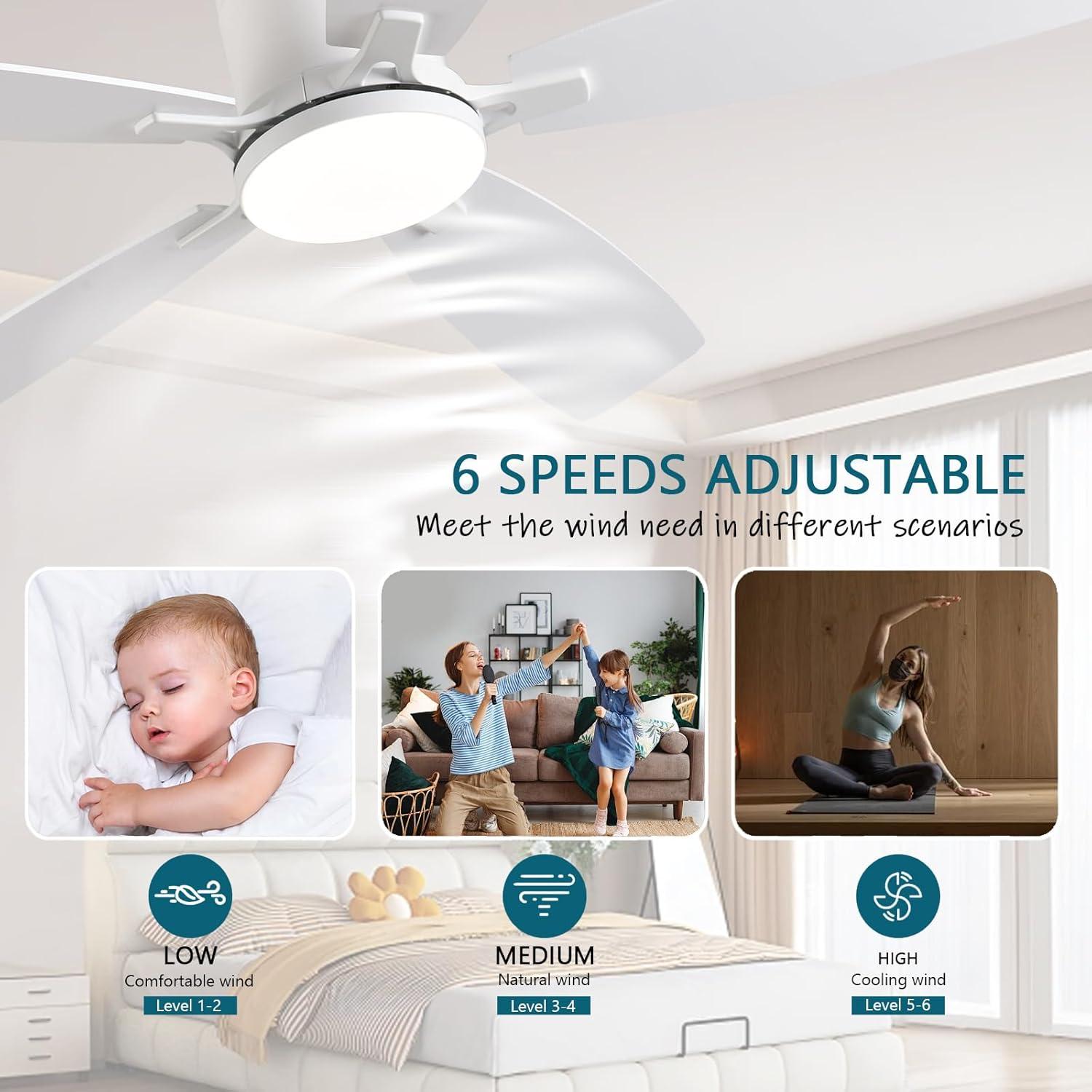 Ventilador de Techo Ayaoty 52" Blanco con Luz LED y Control Remoto