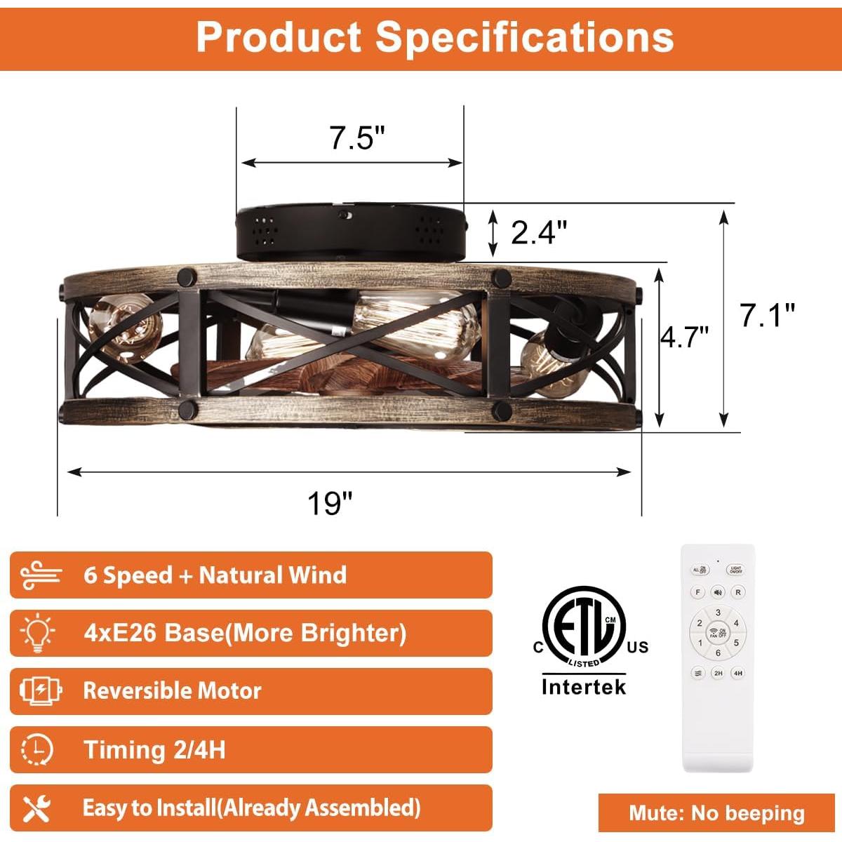 Ventilador de Techo SHLUCE Caged Flush Mount 48cm con Luz