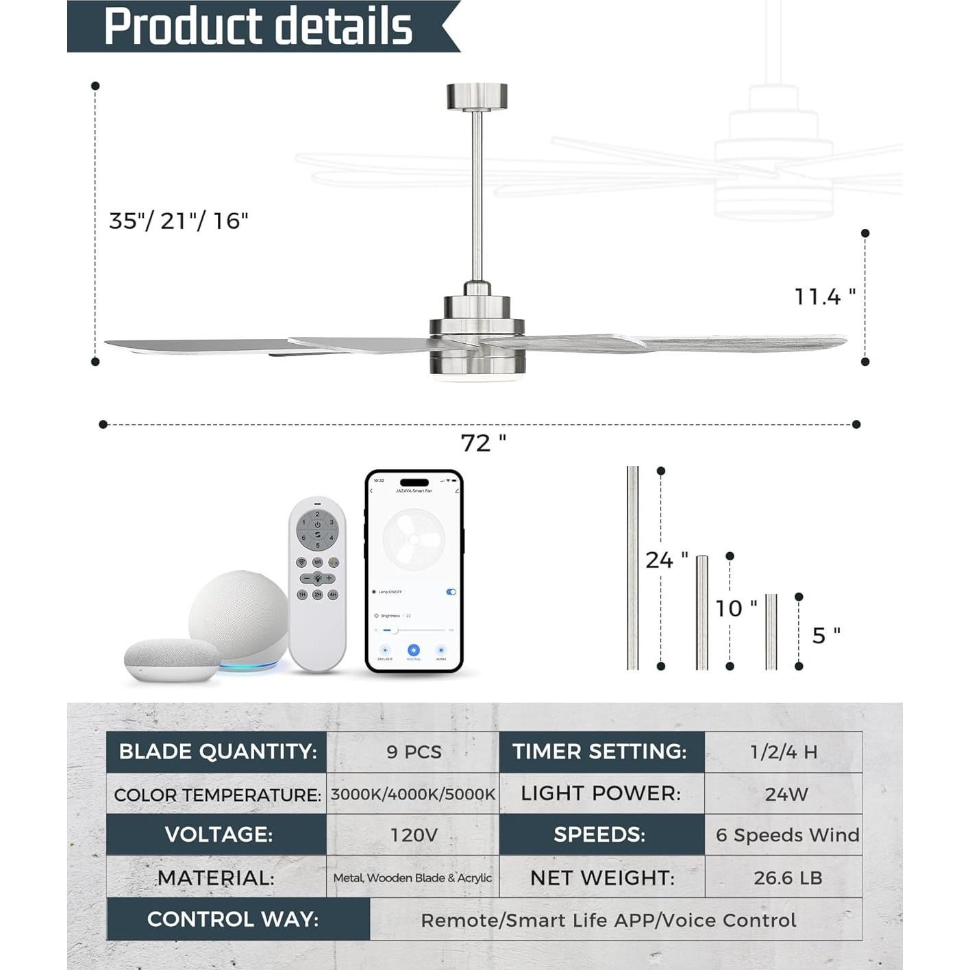 Ventilador de Techo JAZAVA 72" con Luz LED y Control Remoto