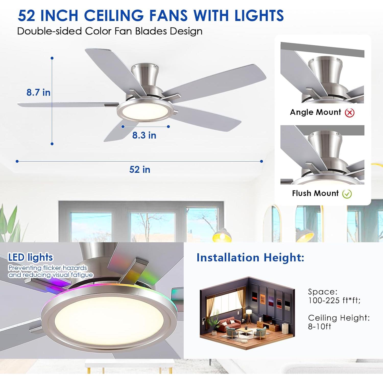 Ventilador de Techo BYKISTOK 132 cm RGB con Luz y Control Remoto