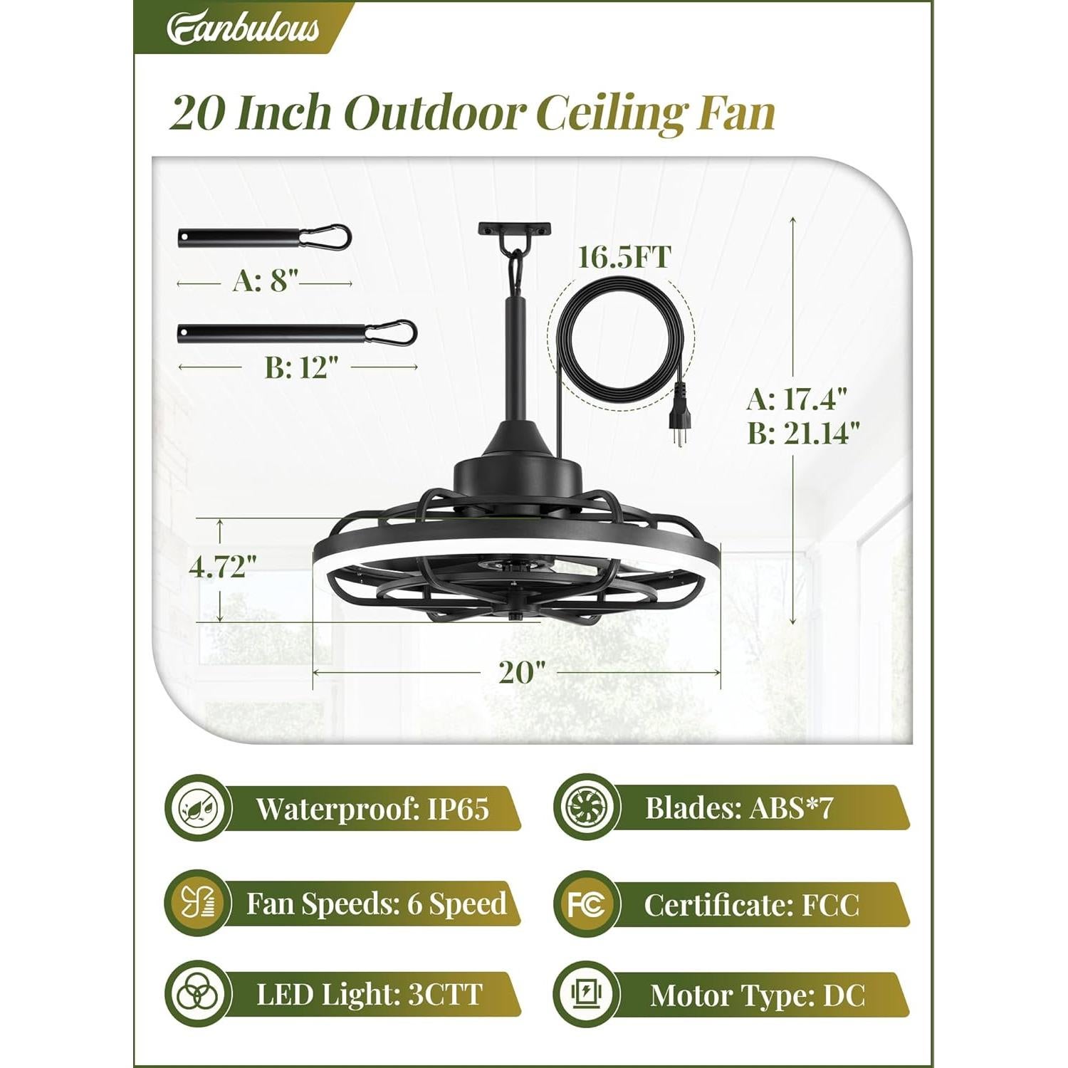 Ventilador de Techo Exterior Fanbulous 20" con Luz y Control Remoto