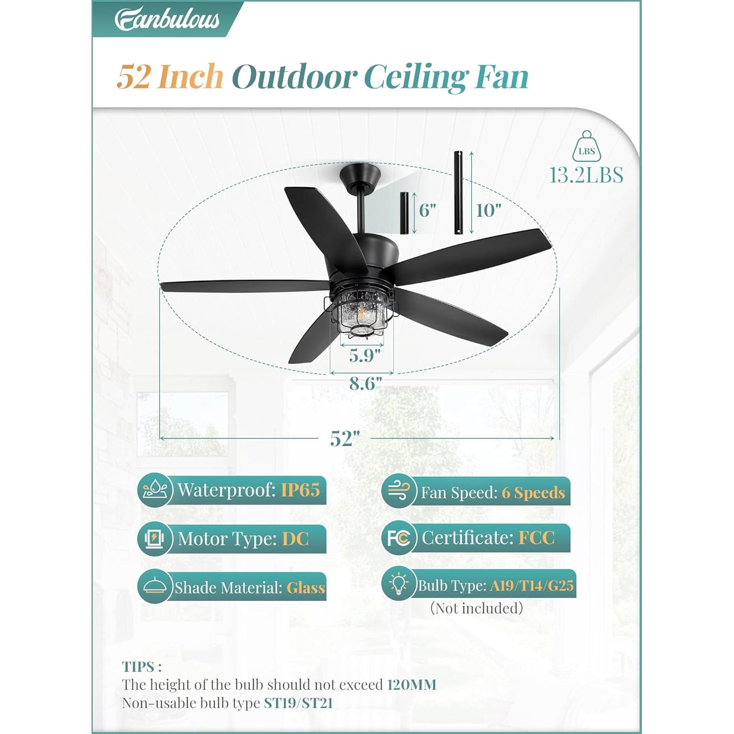 Ventilador de Techo Exterior Fanbulous 52" IP65 con Luz y Control Remoto