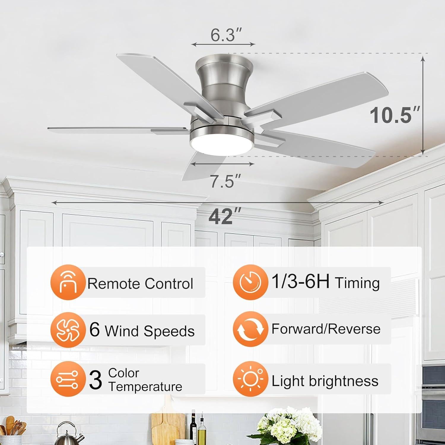 Ventilador de Techo YUHAO 107 cm Níquel con Luz LED y Control Remoto