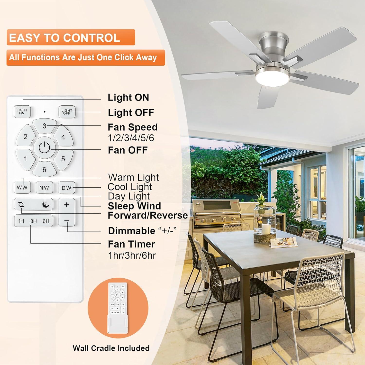 Ventilador de Techo YUHAO 107 cm Níquel con Luz LED y Control Remoto