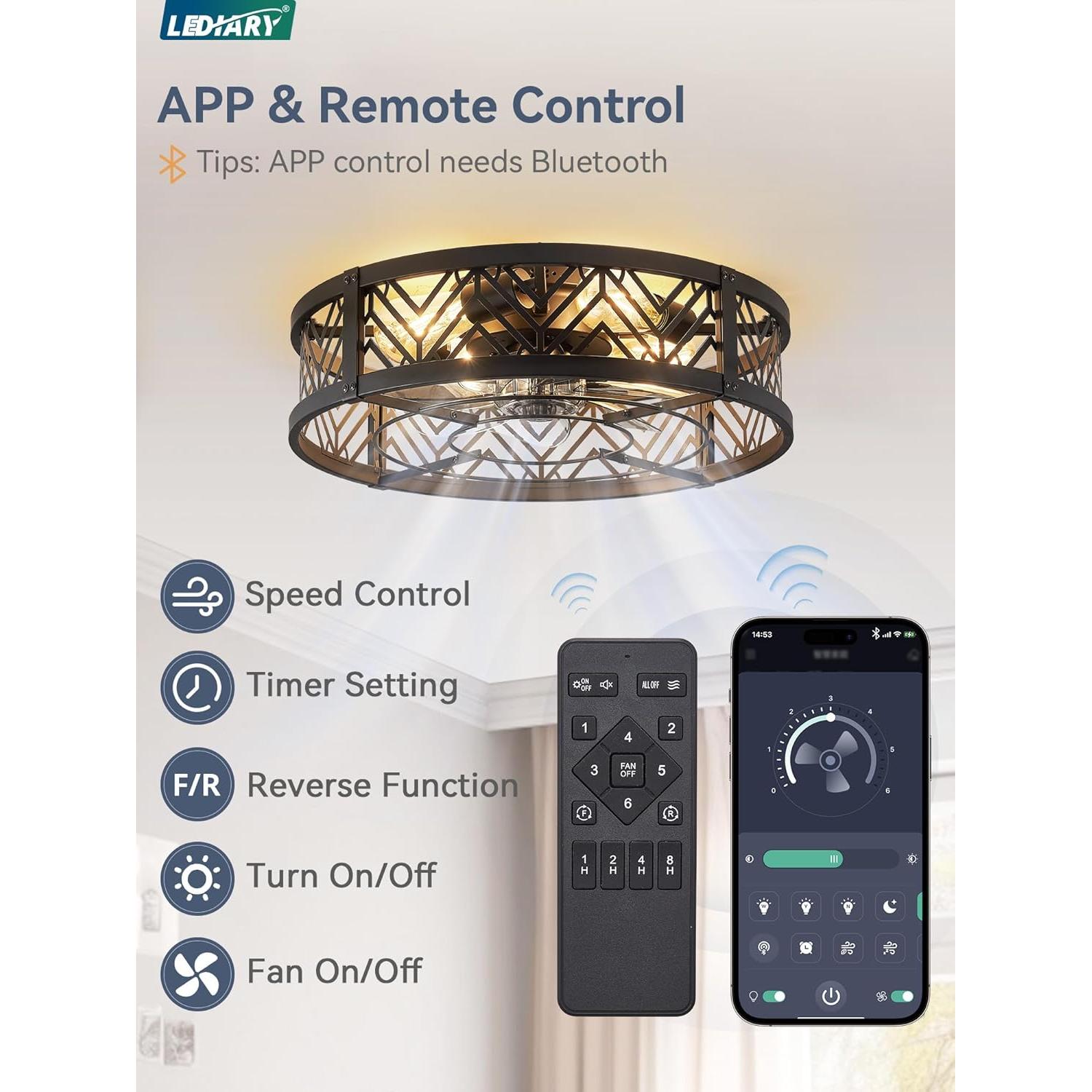 Ventilador de Techo LEDIARY 50.8 cm con Luz y Control Remoto - Negro