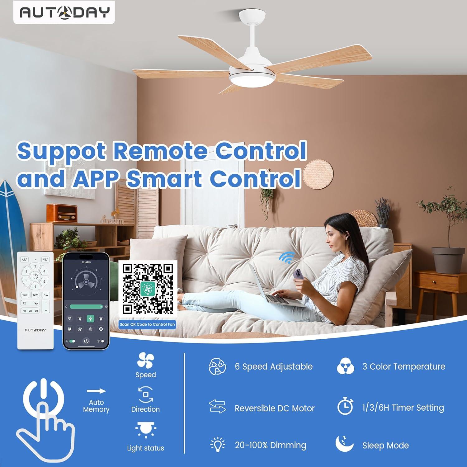 Ventilador de Techo Blanco 52" Autoday con Luz LED y Control Remoto