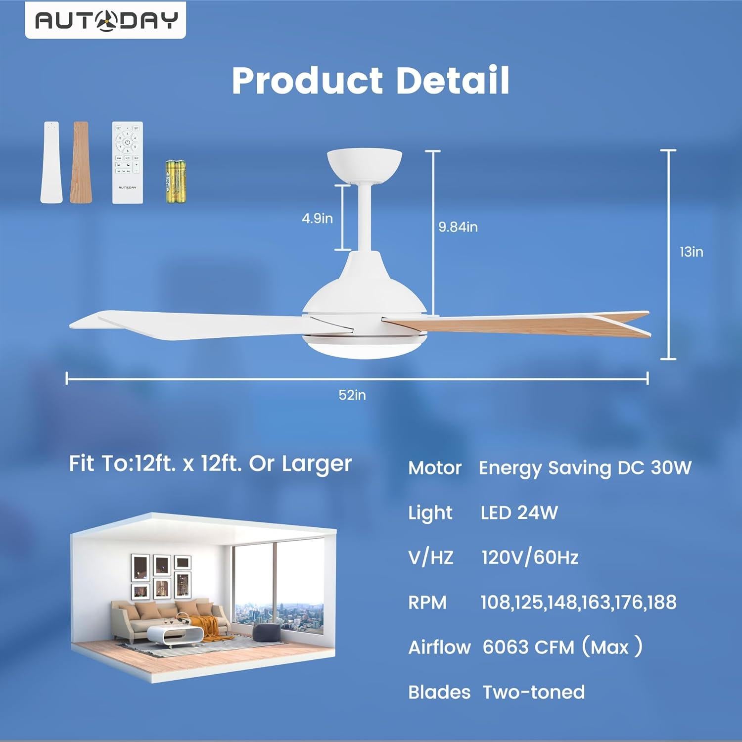 Ventilador de Techo Blanco 52" Autoday con Luz LED y Control Remoto