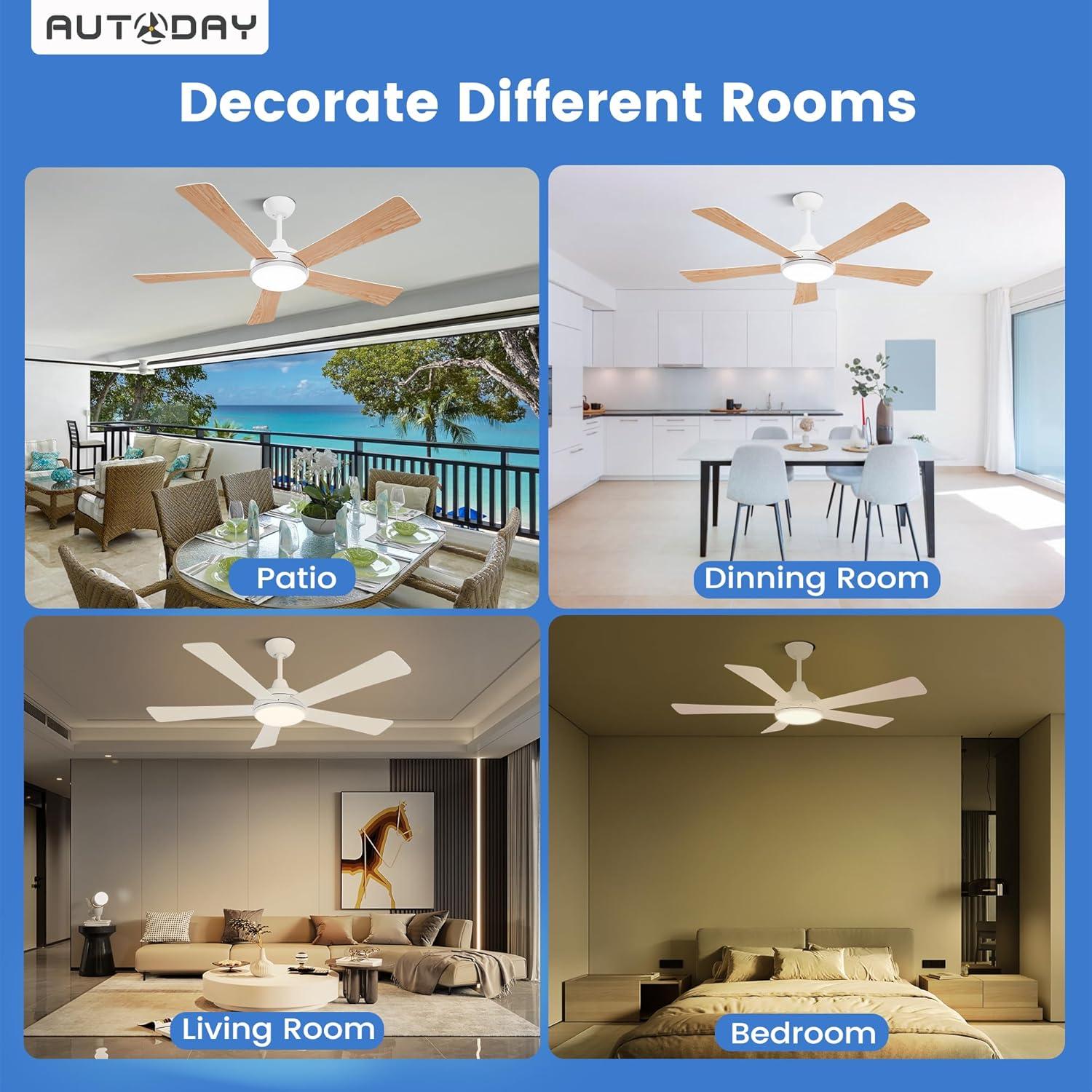 Ventilador de Techo Blanco 52" Autoday con Luz LED y Control Remoto