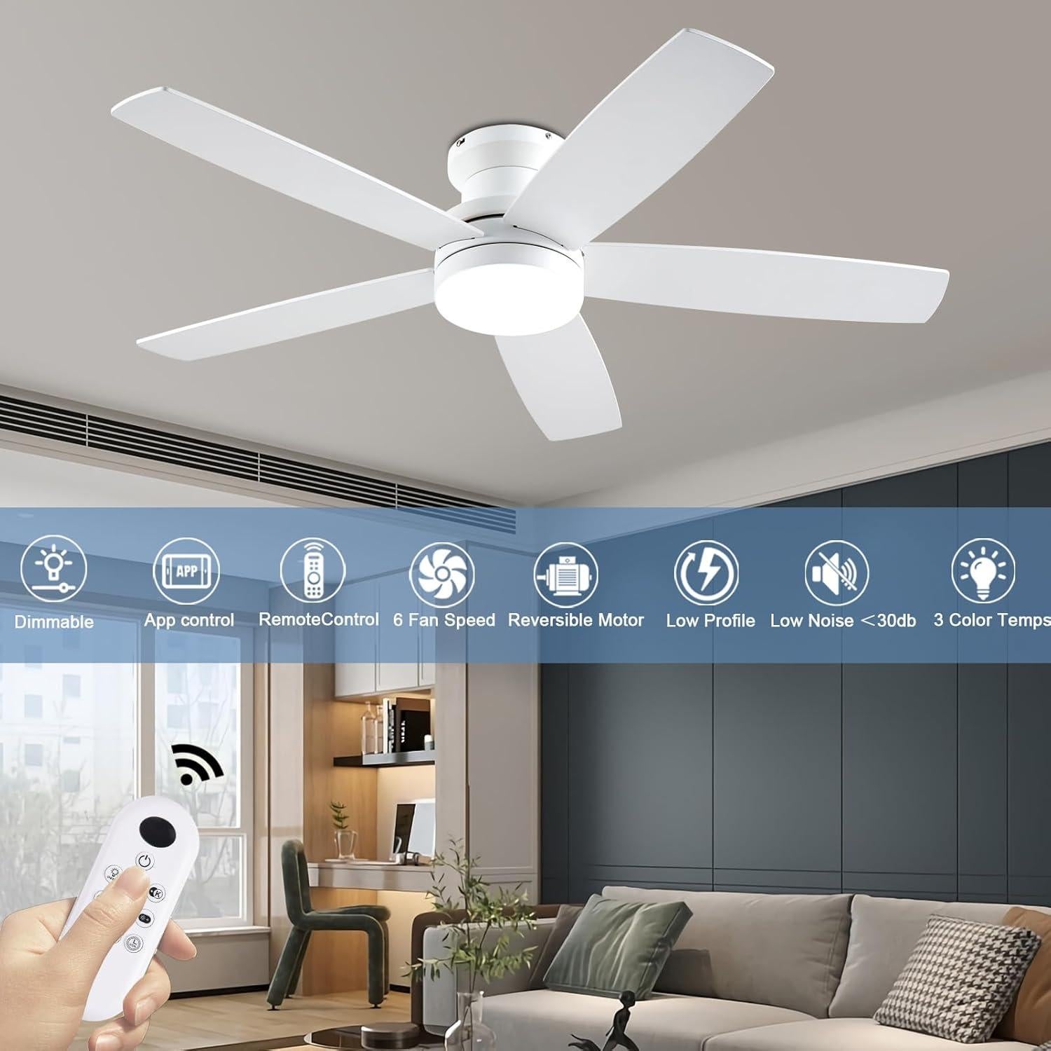 Ventilador de Techo NKPU 121.92 cm Blanco con Luz y Control Remoto