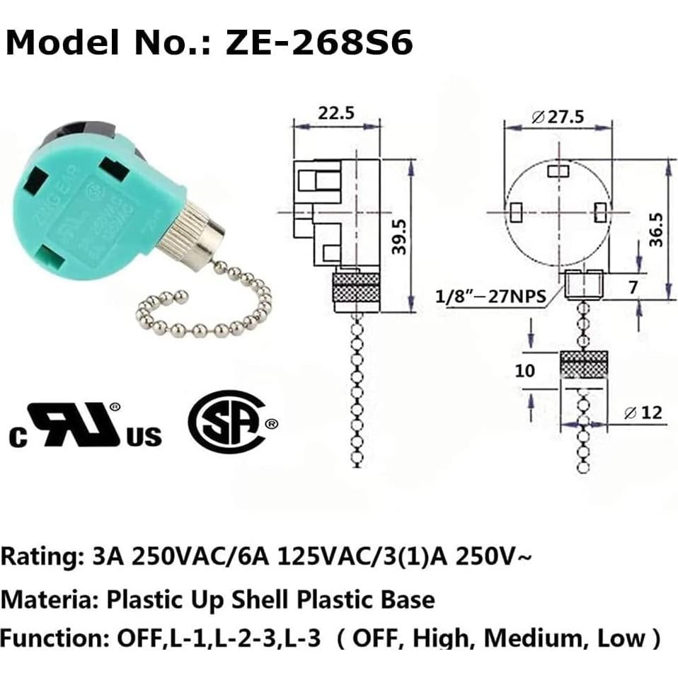 Interruptor de Ventilador de Techo Aoprofree ZE-268S6 3 Velocidades