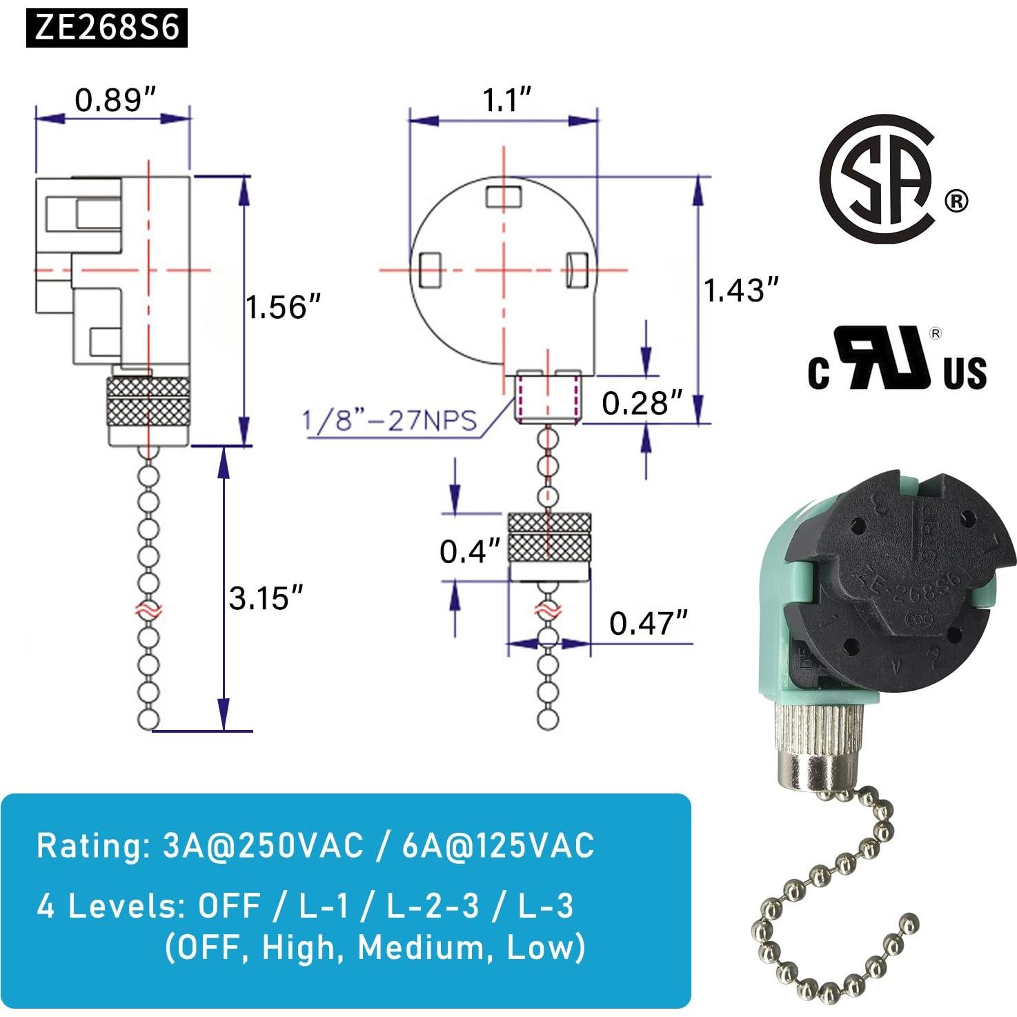 Interruptor de Ventilador de Techo YukiHalu 3 Velocidades 4 Cables
