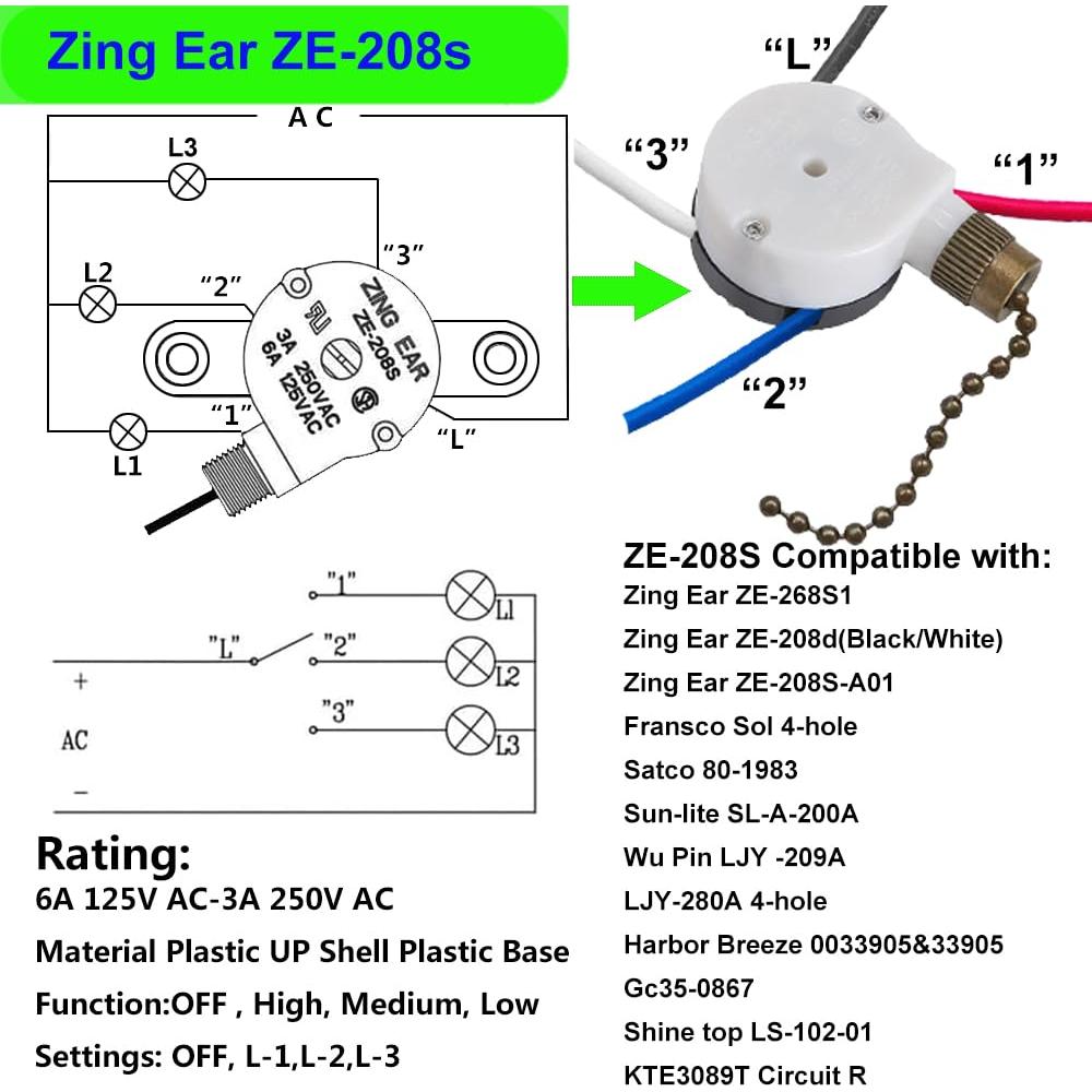 Interruptor de Ventilador de Techo Zing Ear ZE-208s 3 Velocidades
