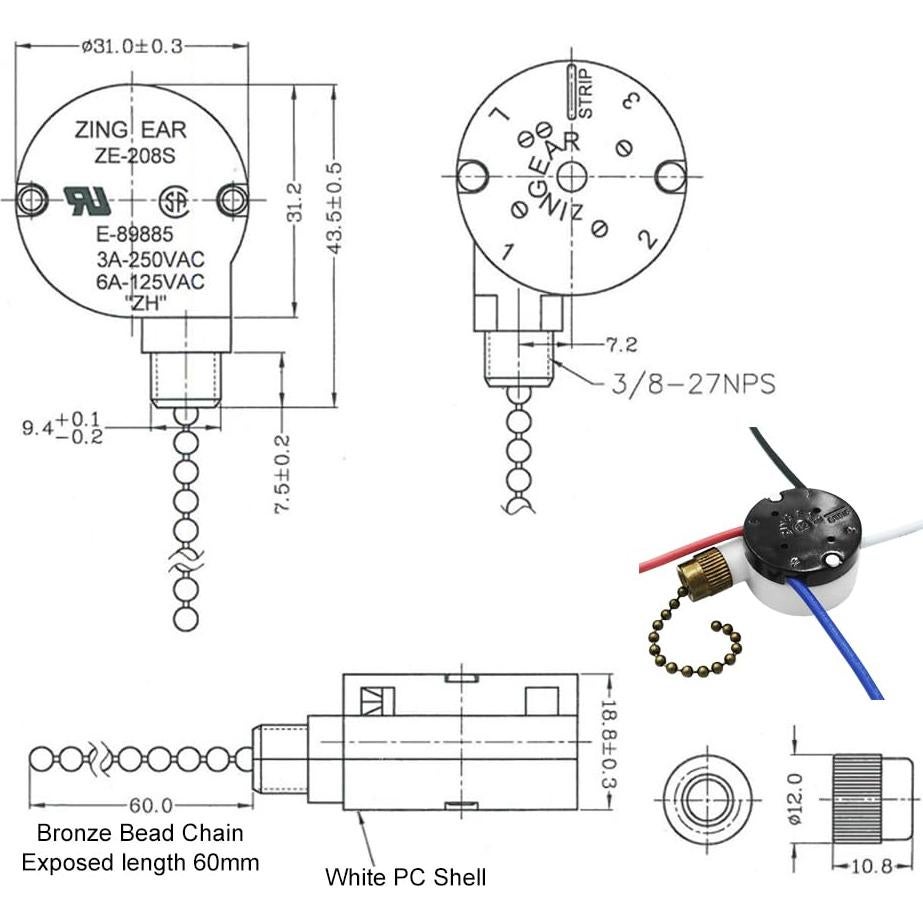 Interruptor de Ventilador de Techo Zing Ear ZE-208s 3 Velocidades