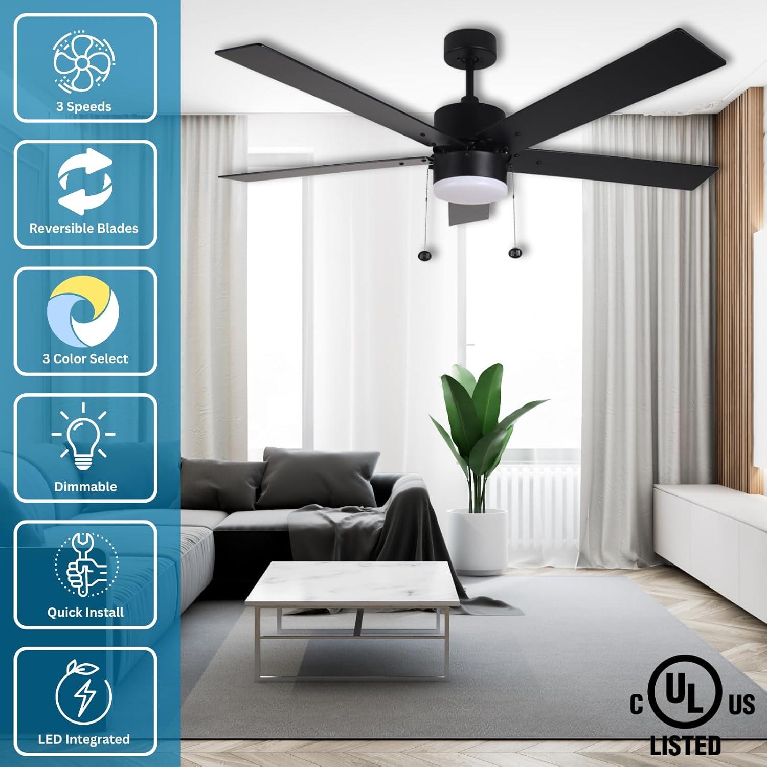 Ventilador de Techo 132 cm HOMEnhancements Negro con Luz LED