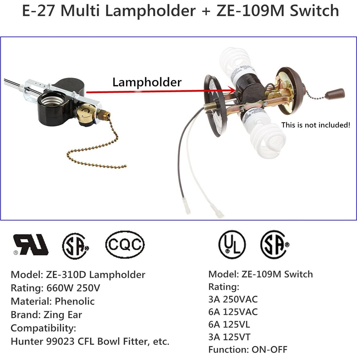 Portalámparas Dual Zing Ear ZE-310D con Interruptor ZE-109M