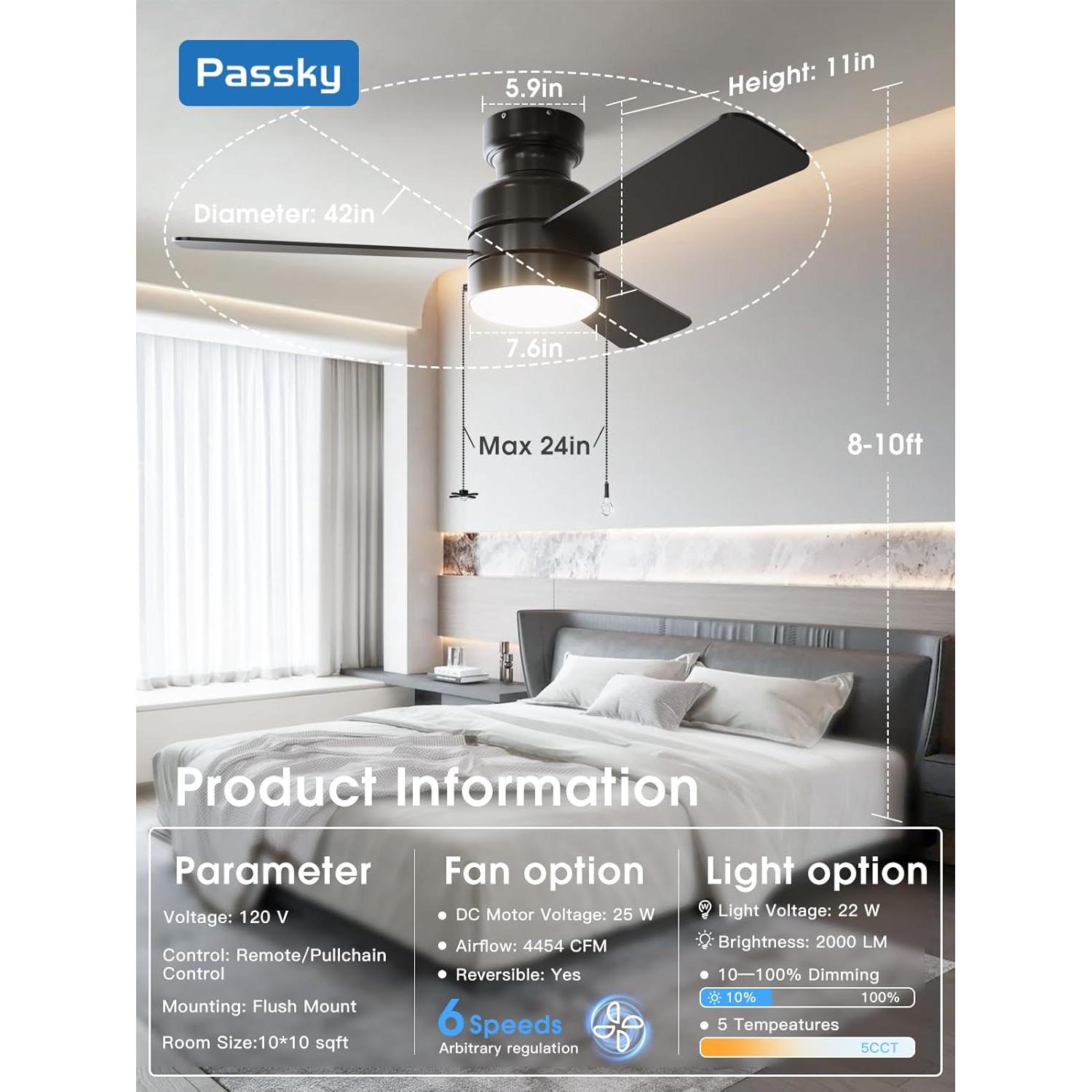 Ventilador de Techo Passky 106.68 cm con Luz y Control Remoto