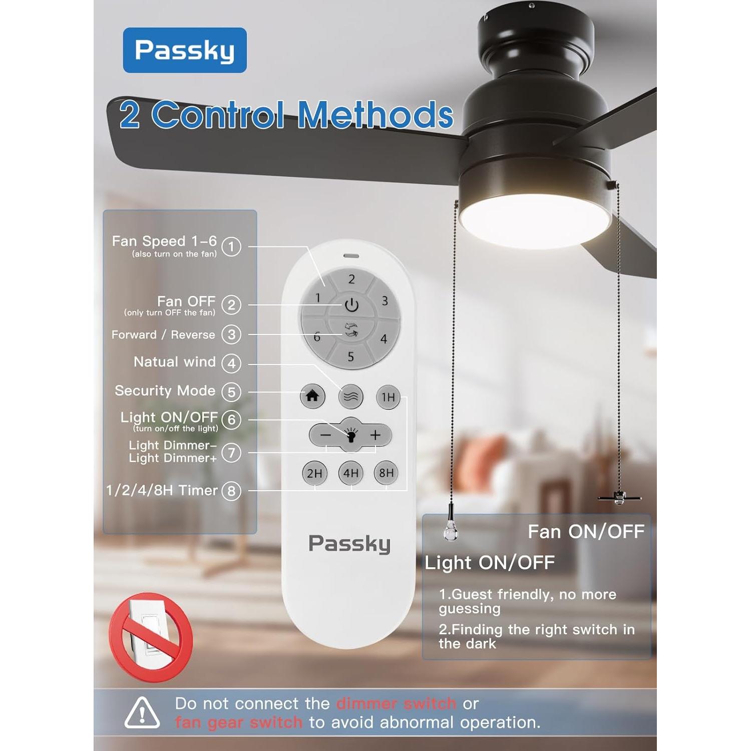 Ventilador de Techo Passky 106.68 cm con Luz y Control Remoto