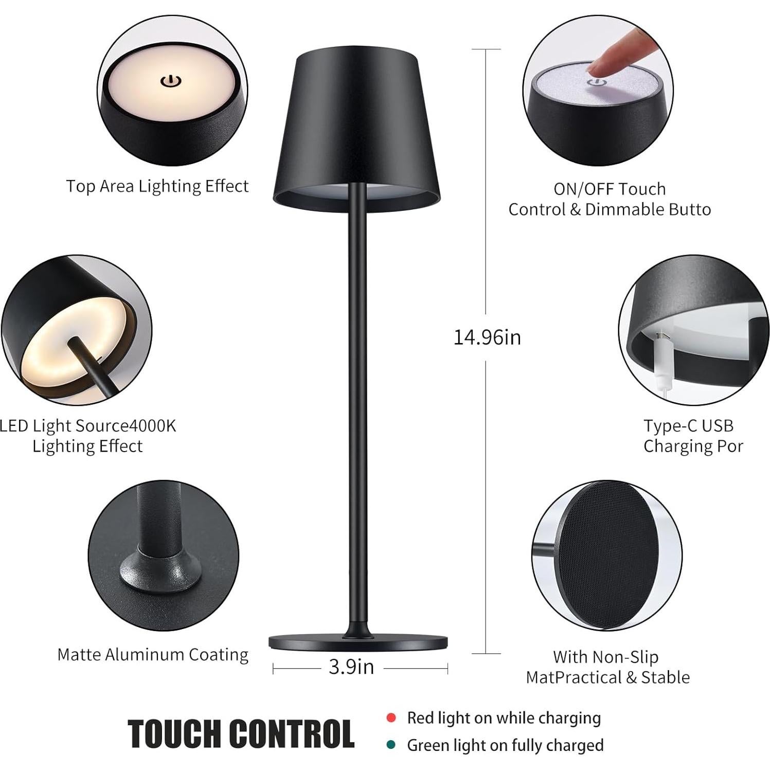 Lámpara de Mesa LED BGFHome Táctil Recargable 5000mAh Negro