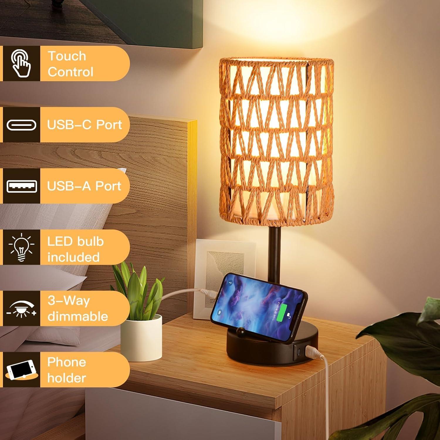 Lámpara de Mesa Táctil Plomixius Boho con USB y LED 9W