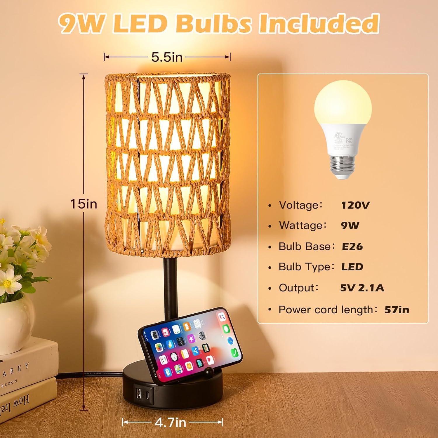 Lámpara de Mesa Táctil Plomixius Boho con USB y LED 9W