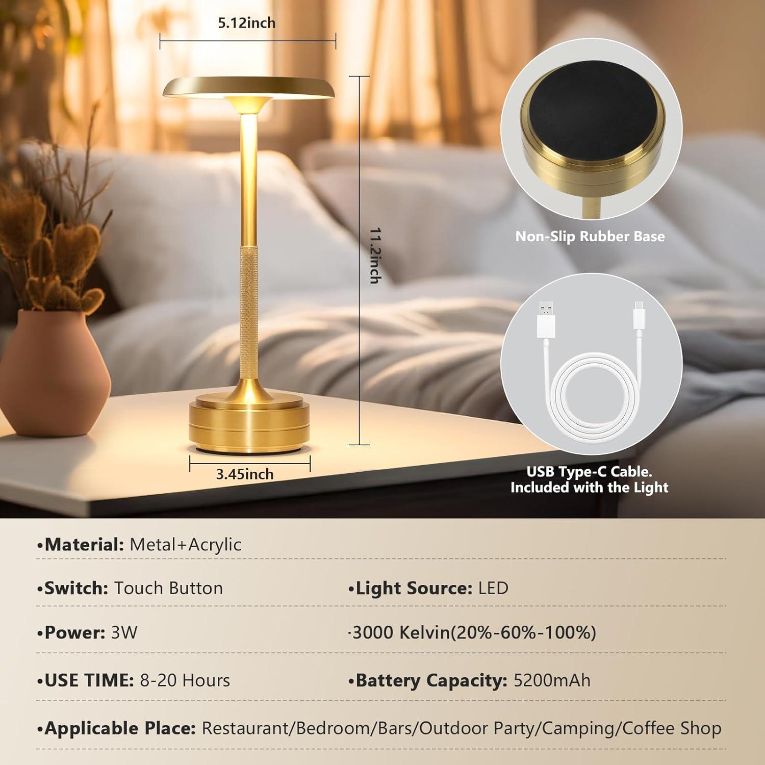 Lámpara de mesa LED recargable Baishezhuan Oro 3 niveles