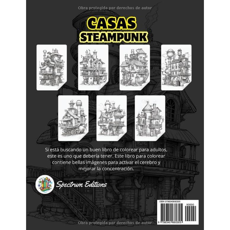 Casas Steampunk Libro de colorear para Adultos y Adolescentes: 50 diseños de arquitectura de fantasía para aliviar el estrés (Spanish Edition)