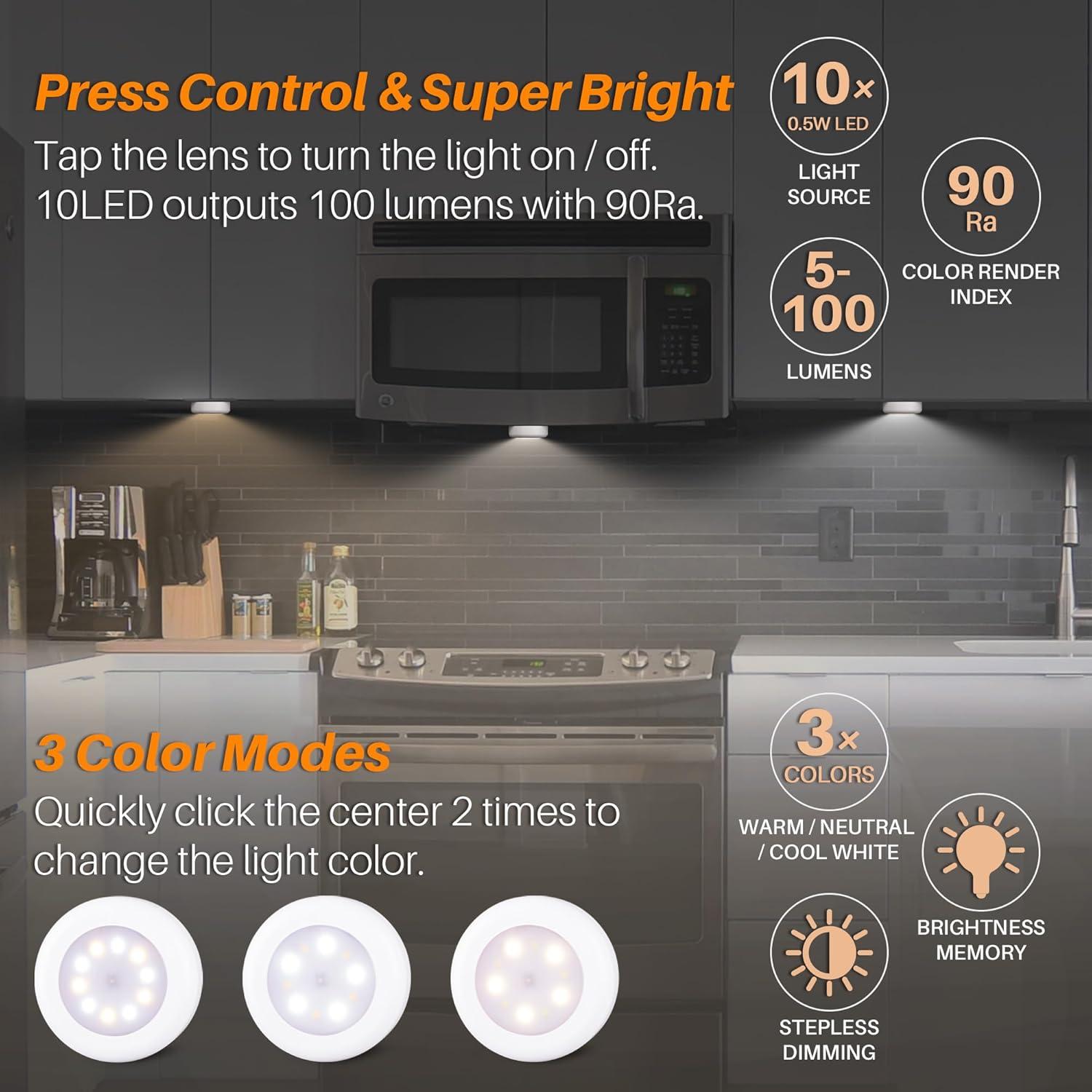 Paquete de 4 Luces Táctiles LED Regulables 7.8cm - Adhesivas