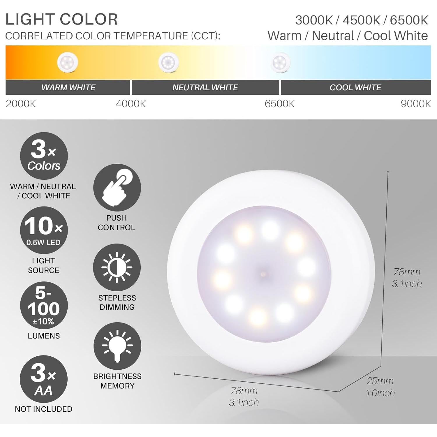 Paquete de 4 Luces Táctiles LED Regulables 7.8cm - Adhesivas