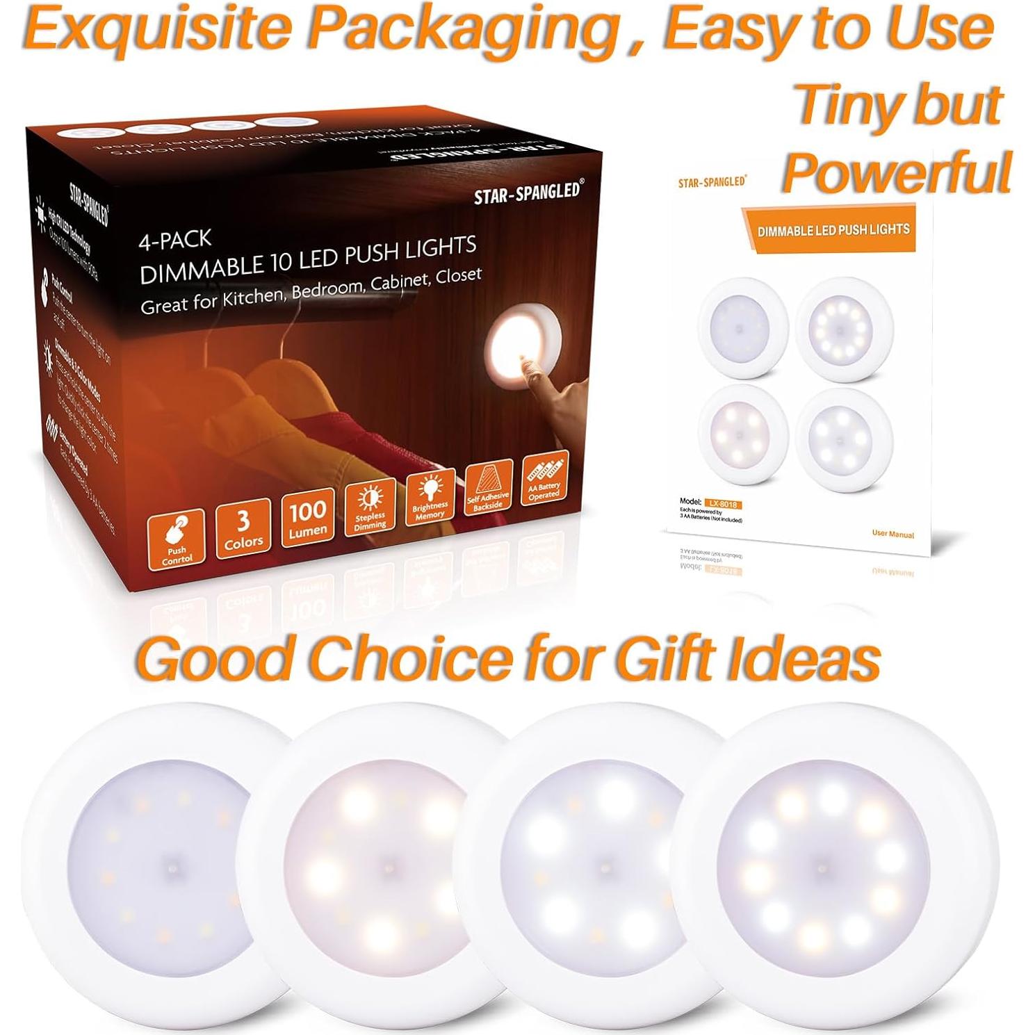 Paquete de 4 Luces Táctiles LED Regulables 7.8cm - Adhesivas