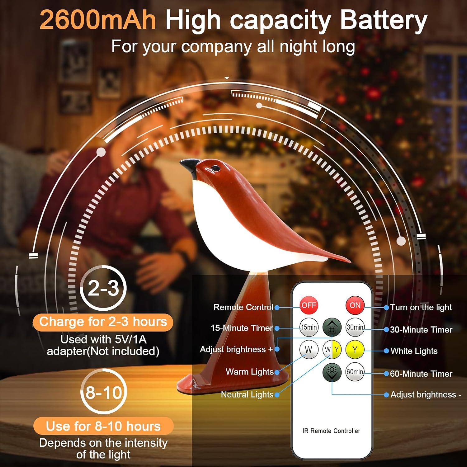 Lámpara de Mesa Pequeña GODENBA Pájaro Rojo Recargable 2600mAh