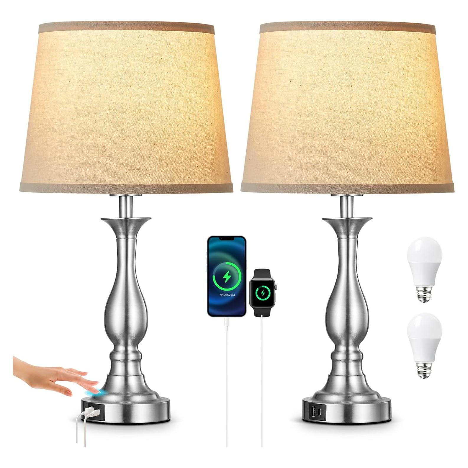 Lámpara de Mesa de Noche Lauag con Control Táctil y Carga USB