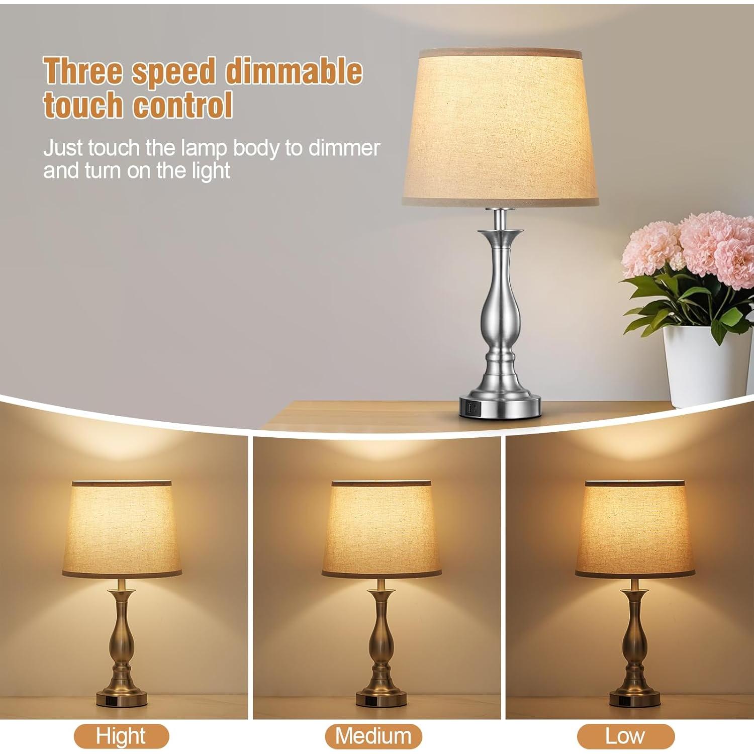 Lámpara de Mesa de Noche Lauag con Control Táctil y Carga USB