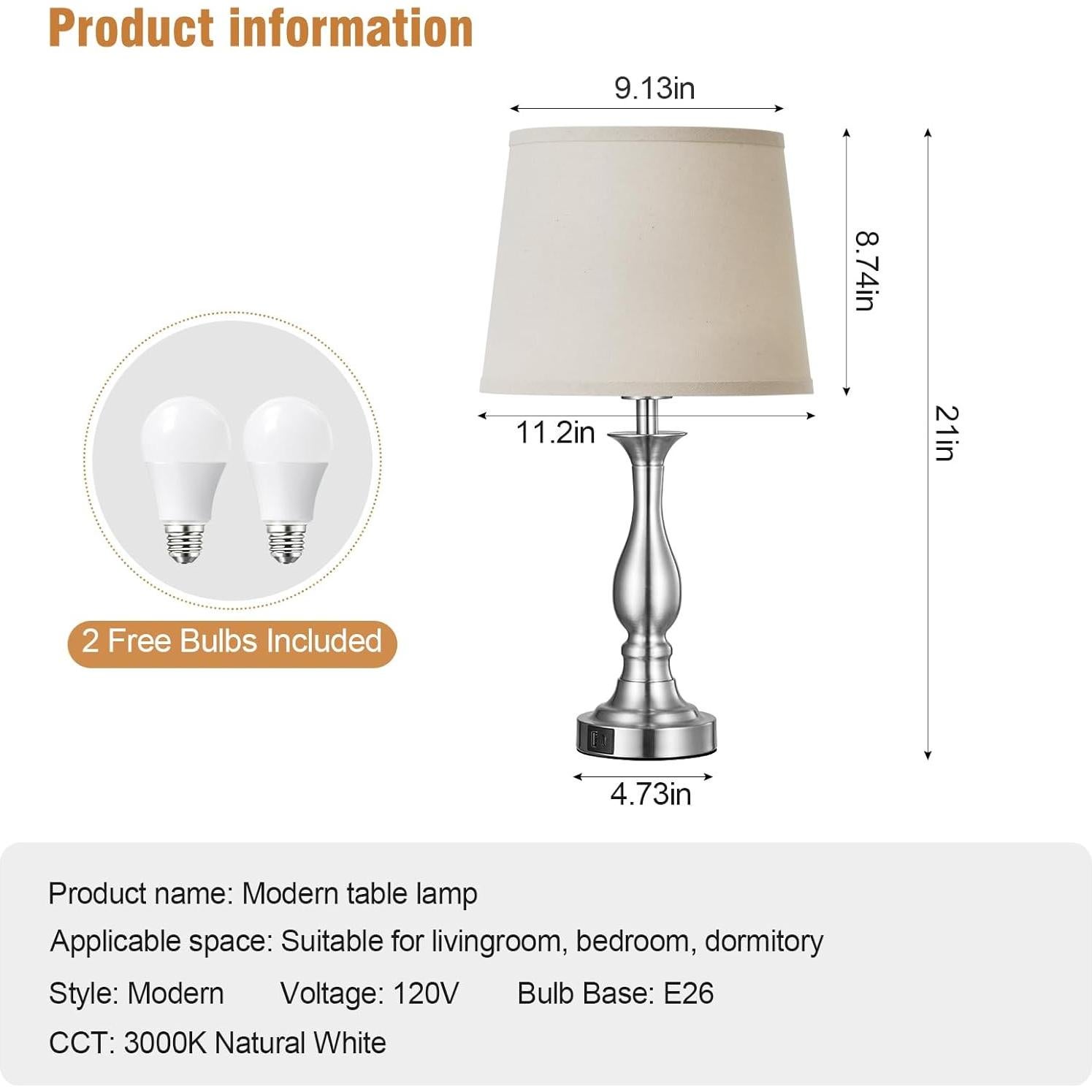 Lámpara de Mesa de Noche Lauag con Control Táctil y Carga USB