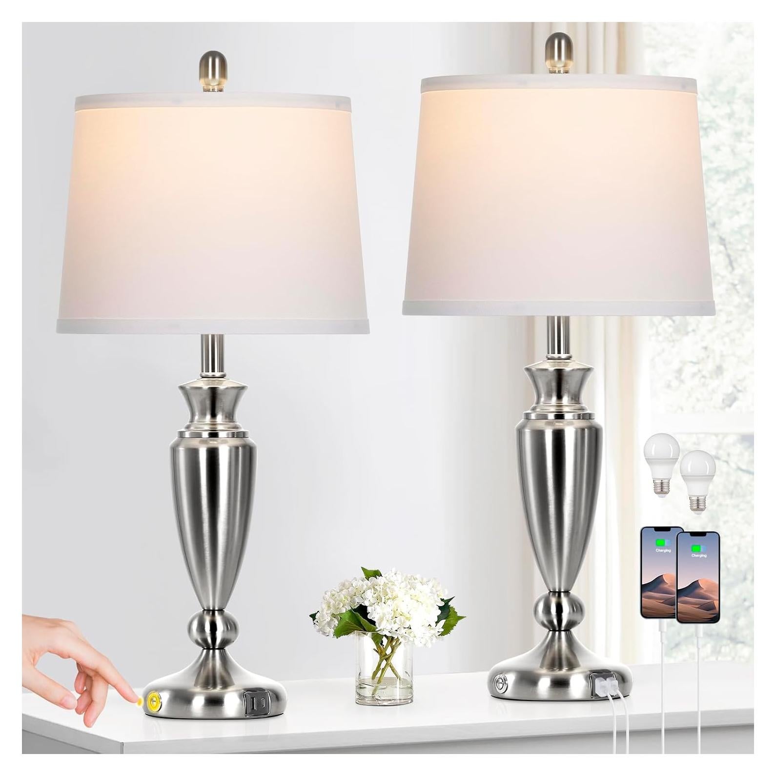 Juego de 2 Lámparas de Mesa Rinweey Plata con USB y Táctil