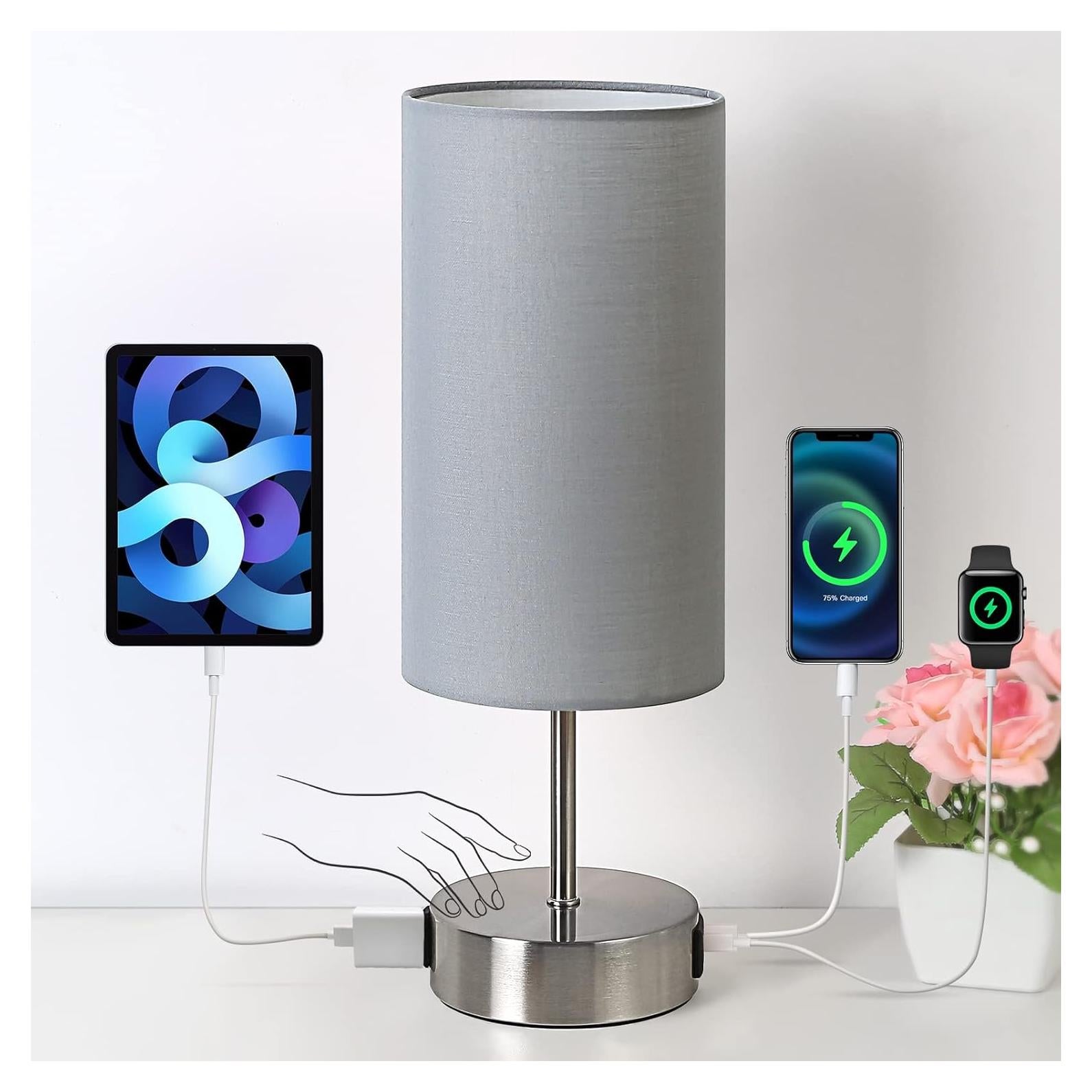 Lámpara de Mesita Yarra-Decor Gris con Carga USB y Control Táctil