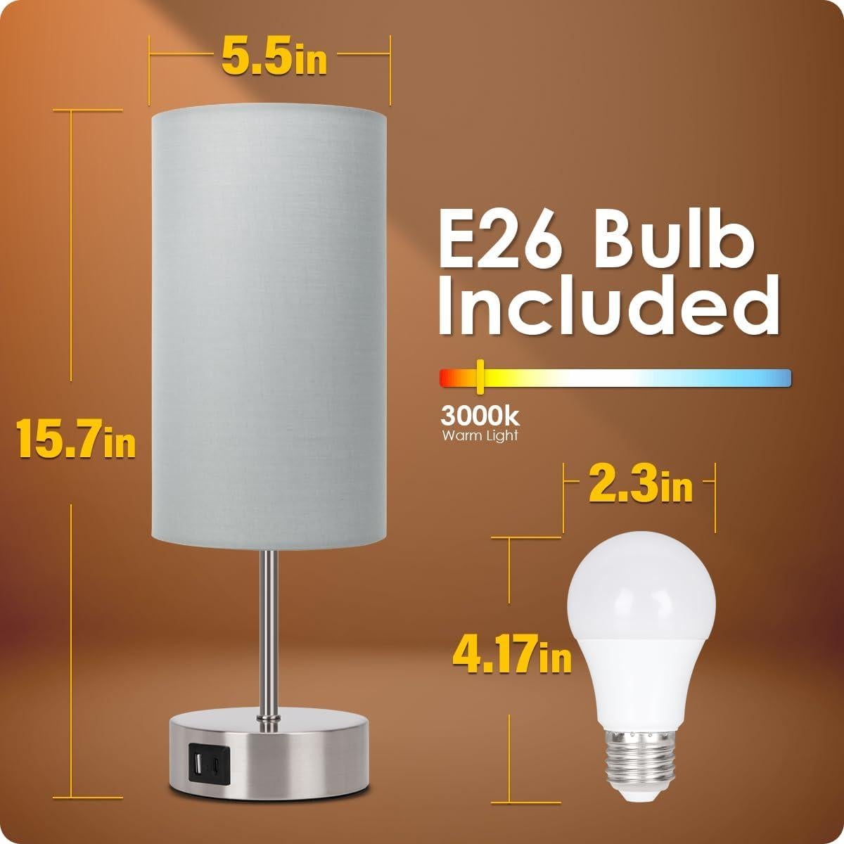 Lámpara de Mesita Yarra-Decor Gris con Carga USB y Control Táctil