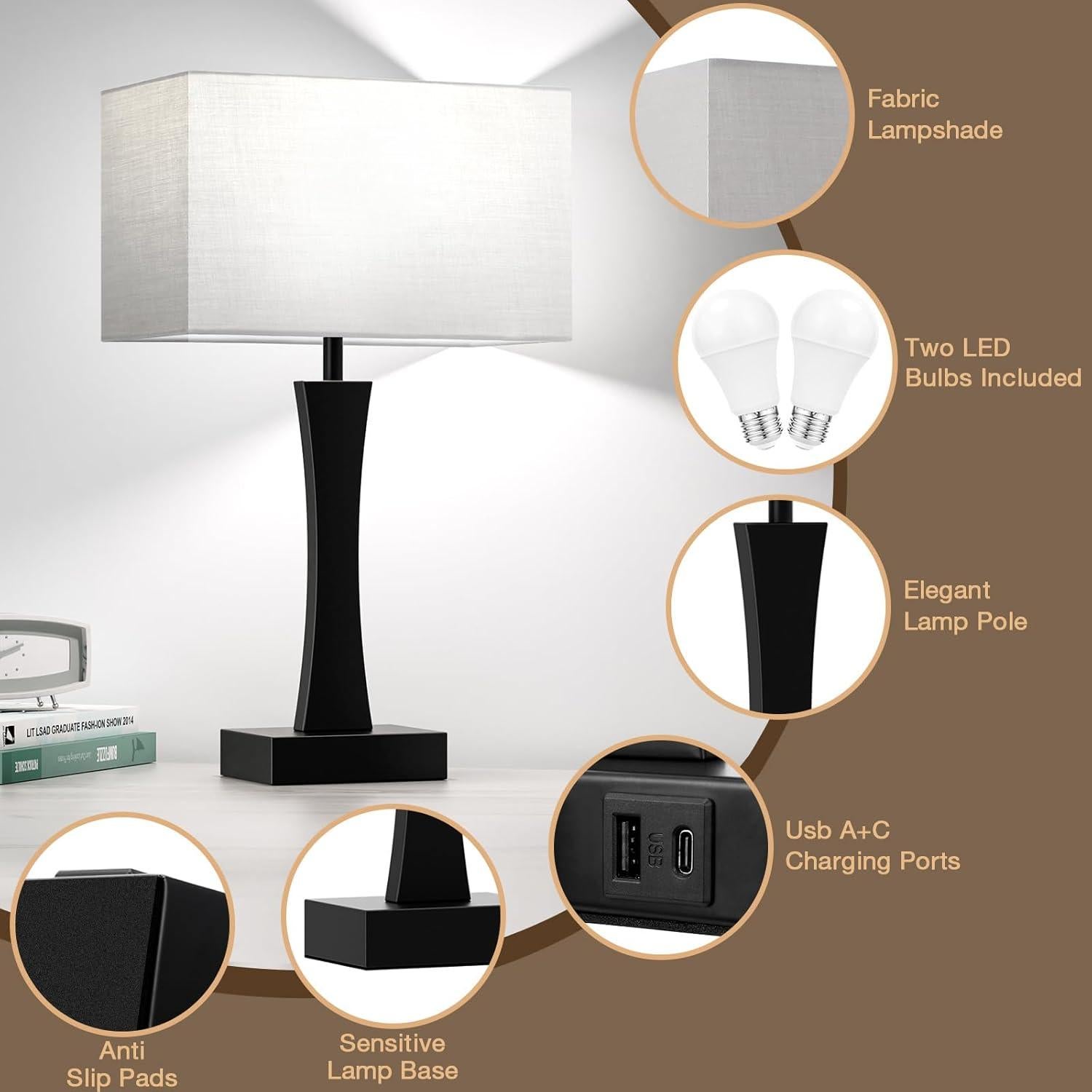 Juego de 2 Lámparas de Mesa Regulables Seealle con USB