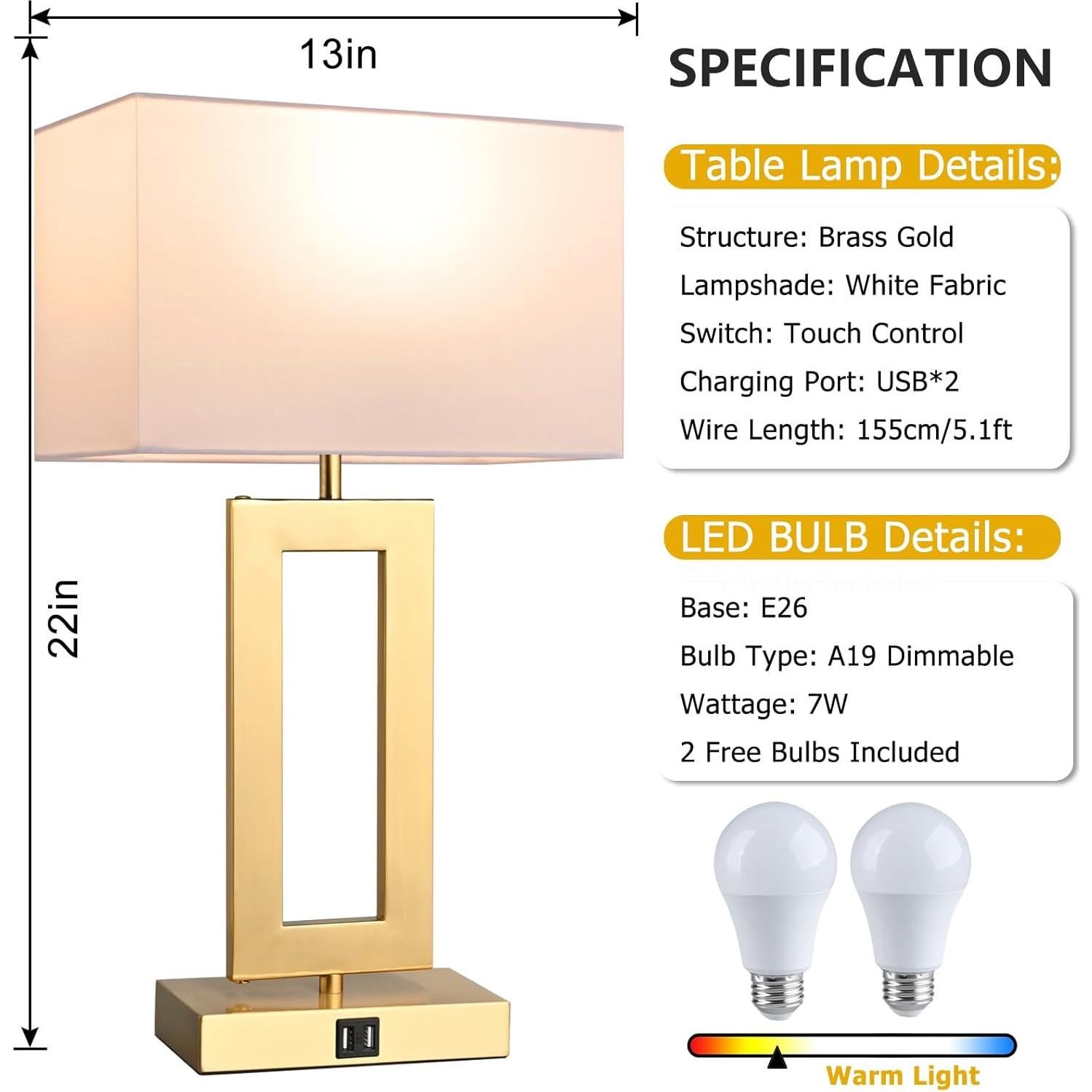 Set de 2 Lámparas de Mesa Táctiles BrightWe 55.88 cm USB