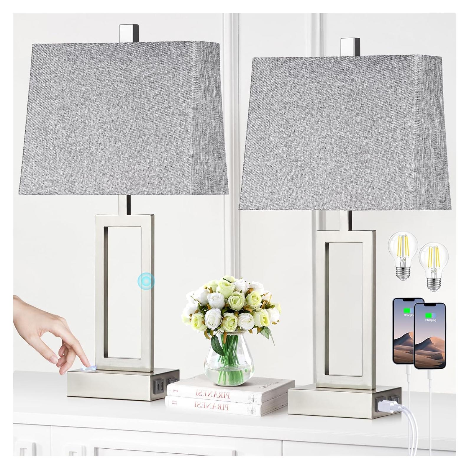 Juego de 2 Lámparas de Mesa Táctiles Plata con USB y LED
