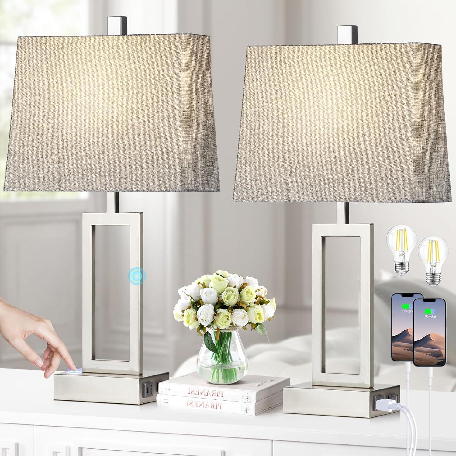 Juego de 2 Lámparas de Mesa Táctiles Plata con USB y LED