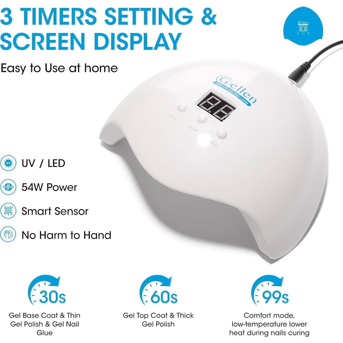 Lámpara de Uñas LED Gellen 54W con Sensor Automático y 3 Temporizadores