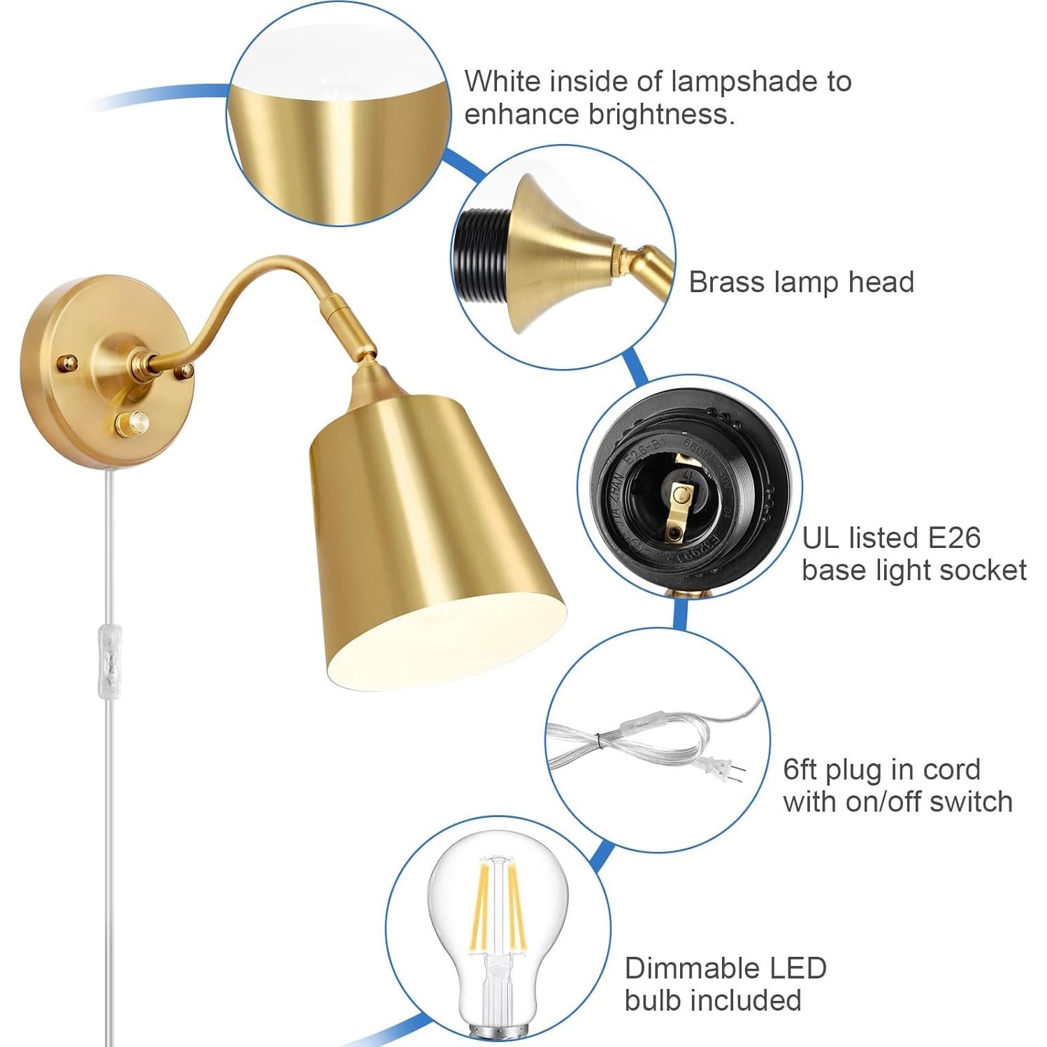 Aplique de pared regulable TRLIFE dorado con 2 bombillas LED