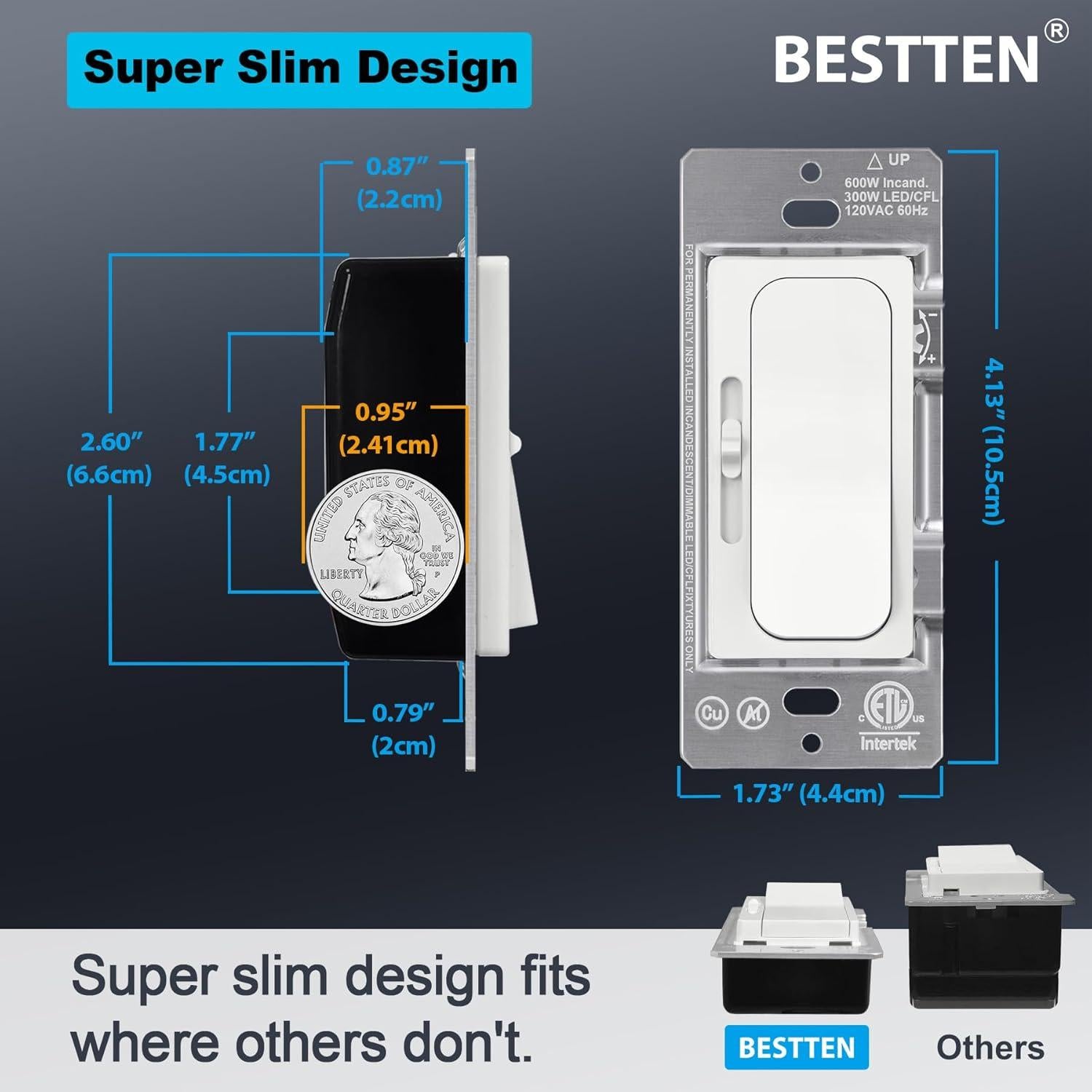 Interruptor Regulador BESTTEN 5 Pack 15A 120V LED CFL Incandescente